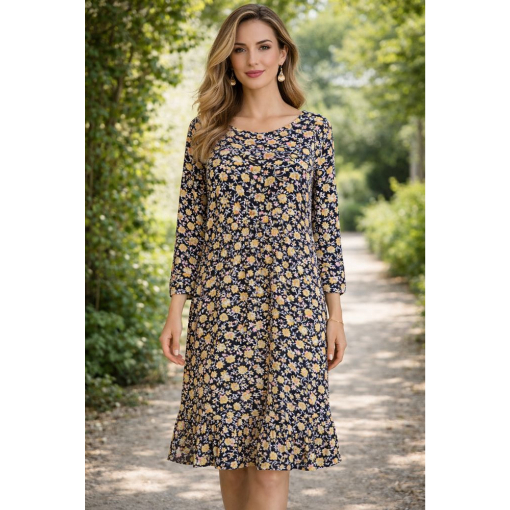 Women's LOFT Black Yellow Floral Long Sleeve Dress S